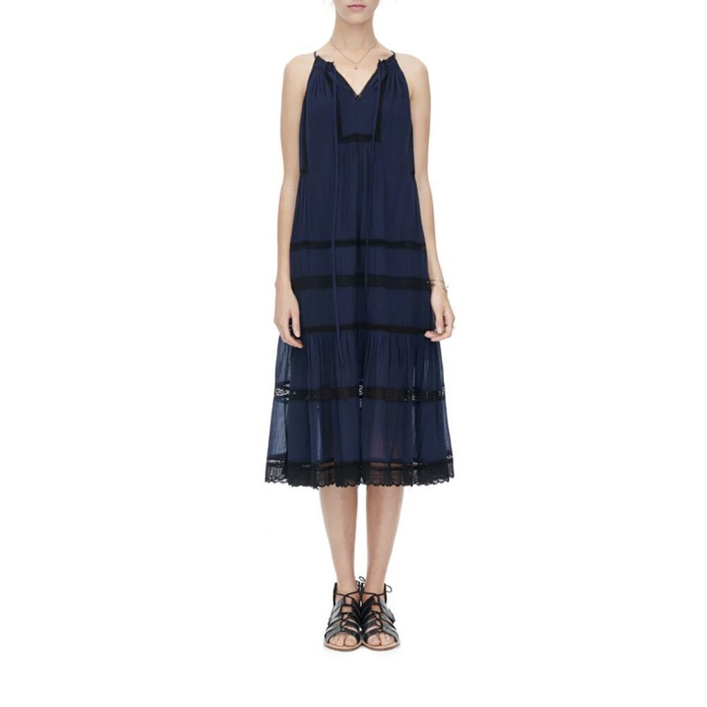 REBECCA TAYLOR Sundress Size 6 Navy Blue Midi Dress Tiered Boho Crochet Flowy - Picture 2 of 11